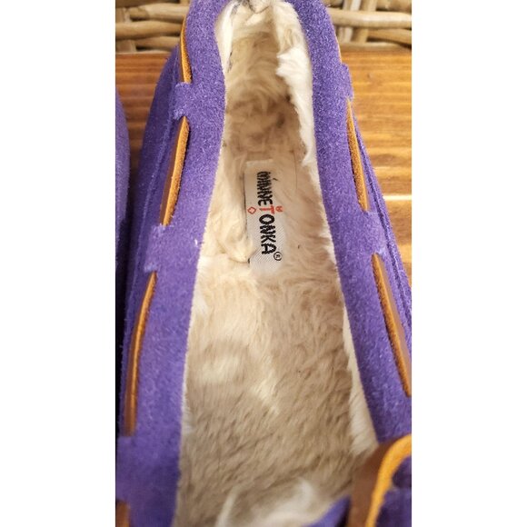 Minnetonka Girls Purple Suede Moccasin Slippers Faux Fur Leather lace Size 4 - Picture 6 of 12